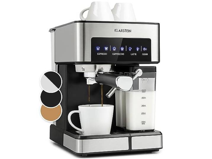 KLARSTEIN Machine 1\,8L à café espresso à porte-filtre avec Mousseur de Lait\, Cafetières\, 20 Bar\, Petite Cafetière Electrique Acier Inoxydable 1350W pour Café Moulu\, Machine a Cafe Qualite Barista