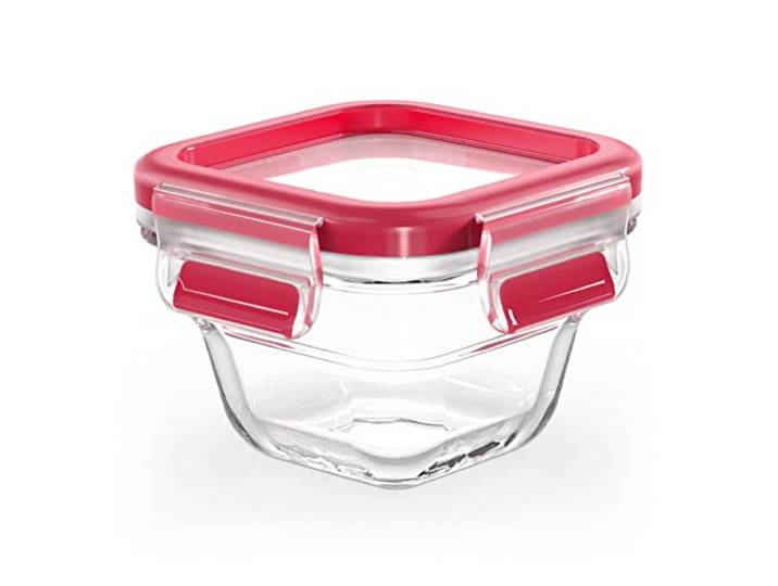 EMSA Clip & Close Glas Frischhaltedose, quadratisch, 0,18 L, 100 Prozent dicht, rutschfestes Stapeln, Glasbehälter spülmaschinen-, gefrier-, backofen-, mikrowellenfest, Rot, Transparent, N10413