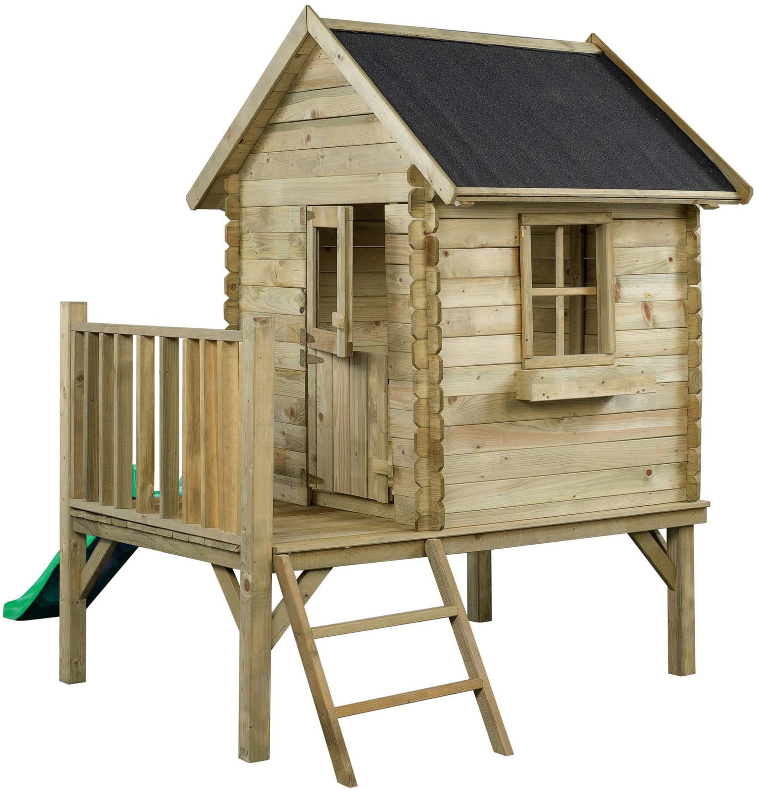 Swing King houten speelhuis met glijbaan en schommelset in groen en bruin