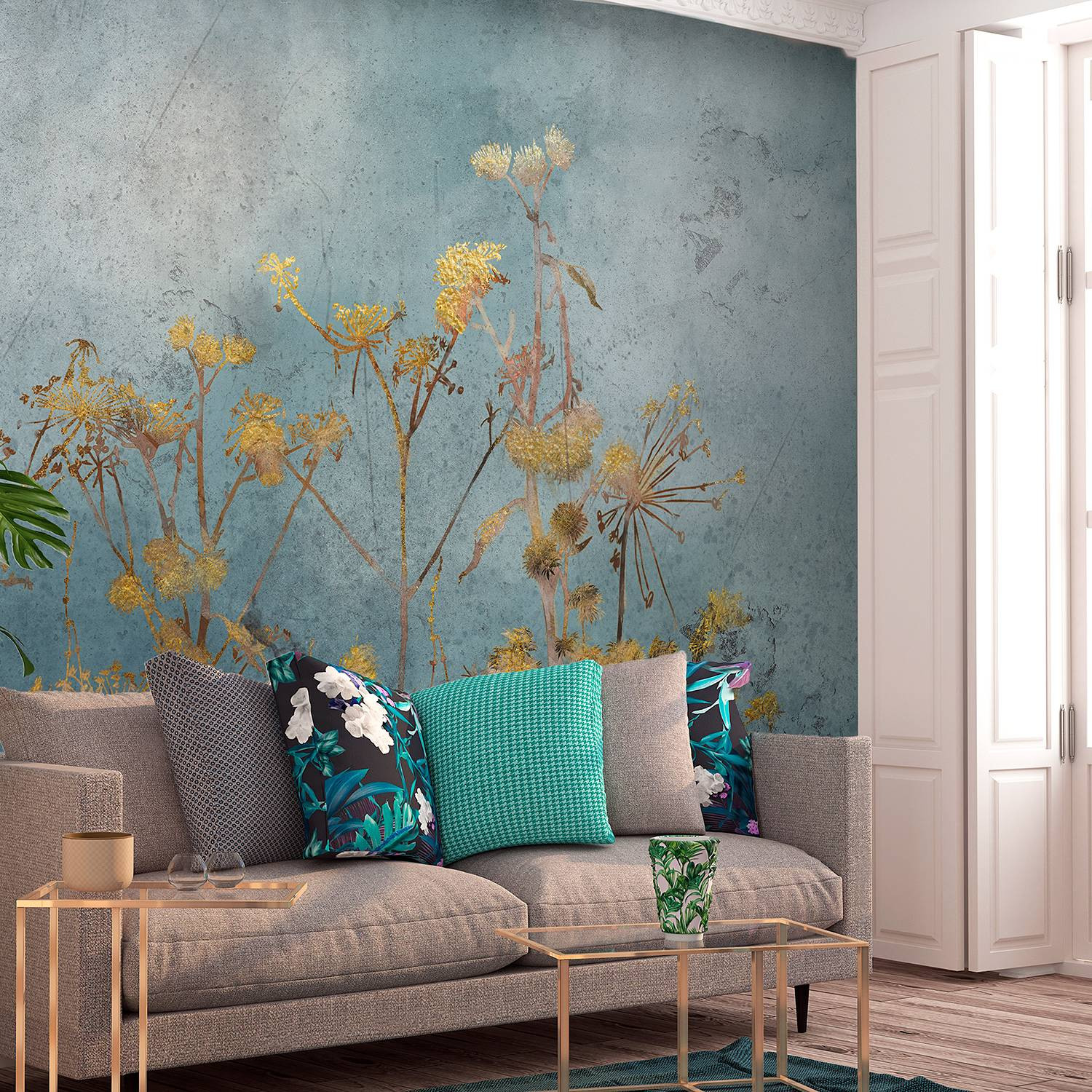 home24 Fotobehang At Dawn Modern Floral Blauw Goud B: 250 cm, H: 175 cm