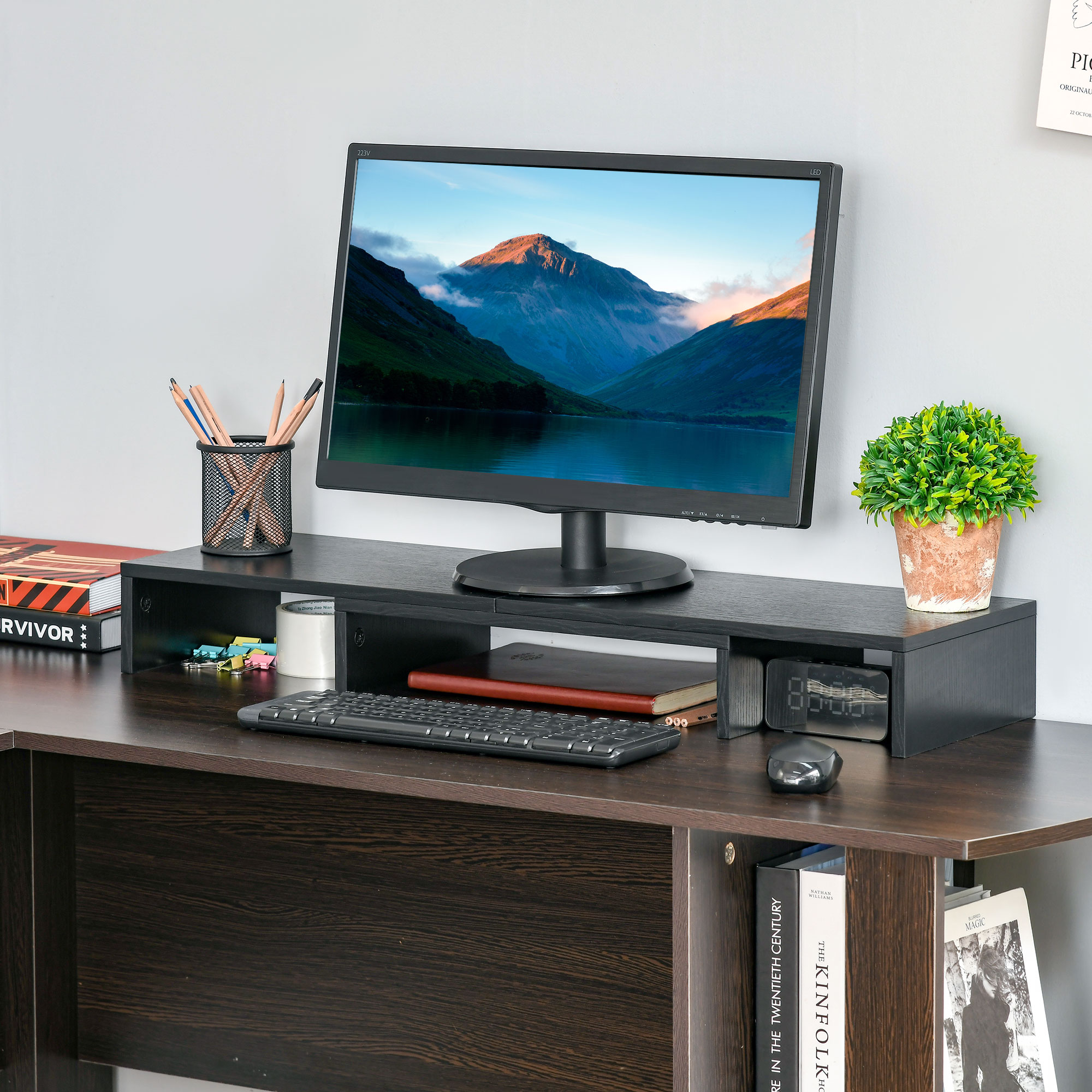 Vinsetto Supporto Monitor in MDF con Lunghezza e Angolazione Regolabile per Laptop, PC, Stampanti e TV, 80-117x23.5x10cm, Nero Aosom