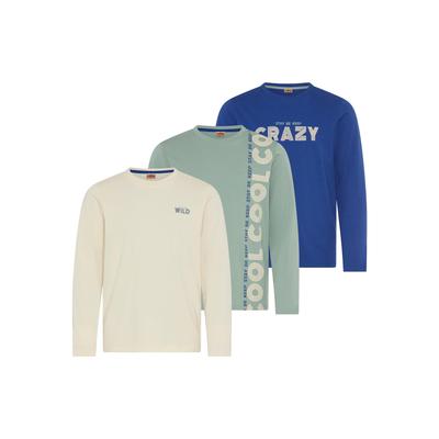 Langarmshirt SCOUT "3er Packung Shirt mit coolen Sprüche-Prints - NEU von SCOUT", Jungen, Gr. 104/110, bunt (blau, beige, mintgrün), Single Jersey, Obermaterial: 100% Baumwolle, bedruckt, Basic, Rundhals, Shirts Langarmshirt, 3 Langarmshirts mit...