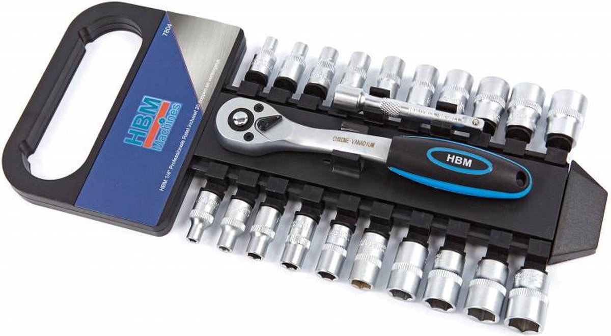 HBM Professionele 1/4 inch Ratelset met 20 doppen en verlengstuk, Chrome Vanadium, Zilver/Grijs
