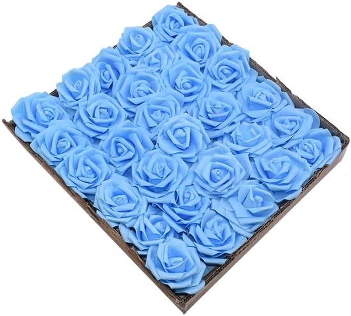 Set van 25 blauwe kunstbloemen rozen voor decoratie, 8 cm