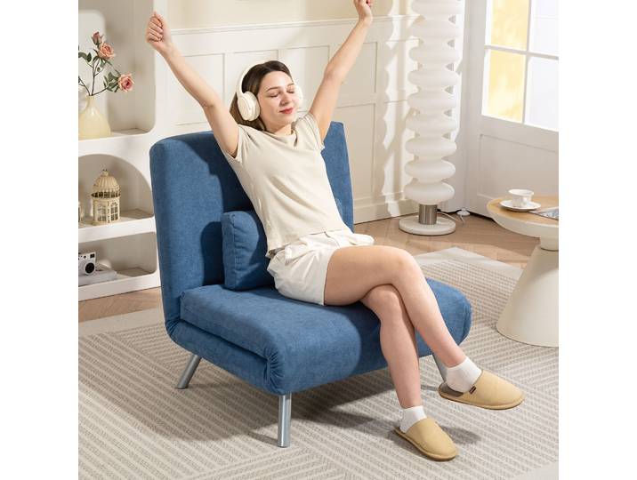 HOMCOM Fauteuil-Lit 2 en 1 Tissu Bleu avec Coussin