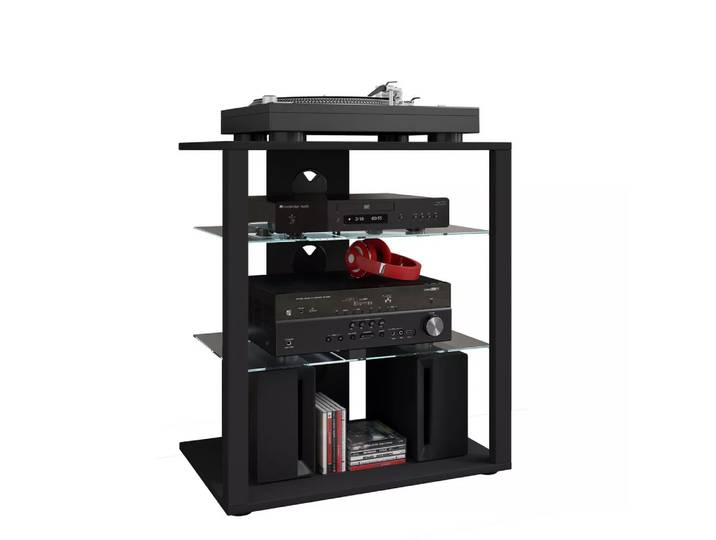 VCM - Hifi Holz Möbel Rack Schrank Phono Regal 2 Glasböden Maße: H. 70 x B. 60 x T. 41 cm Phono Mediaregal - Folas, Schwarz, 60 cm
