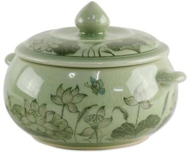 Novica "Handmade Lotus Bouquet Celadon Ceramic Soup Bowl (Thailand) - 4.3"" H x 6.25"" W x 5.25"" D"