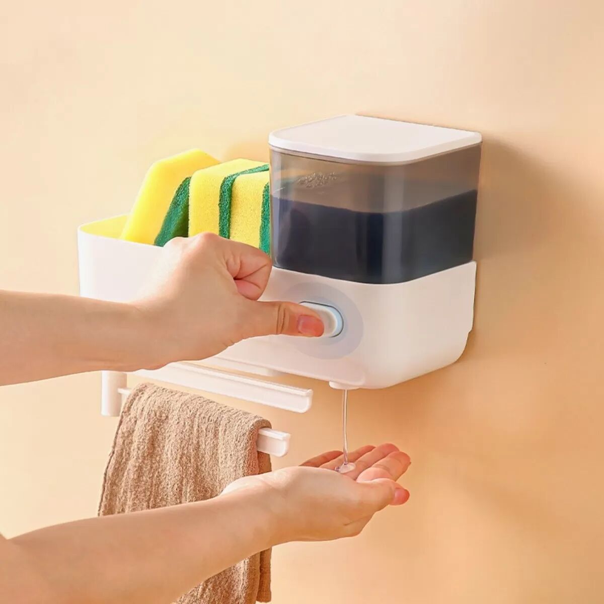 INF Distributeur de savon mural - Presse à savon liquide pour cuisine et salle de bain avec porte-éponge Blanc