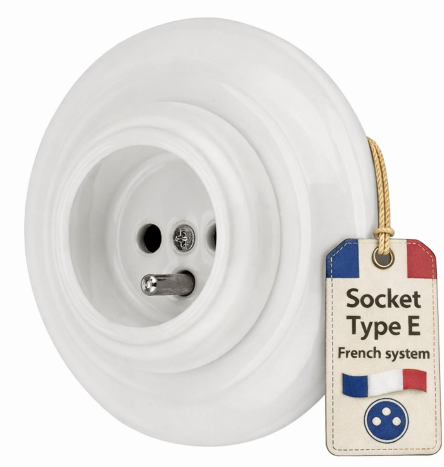 Retro Inbouw Stopcontact Type E van Porselein, Wit