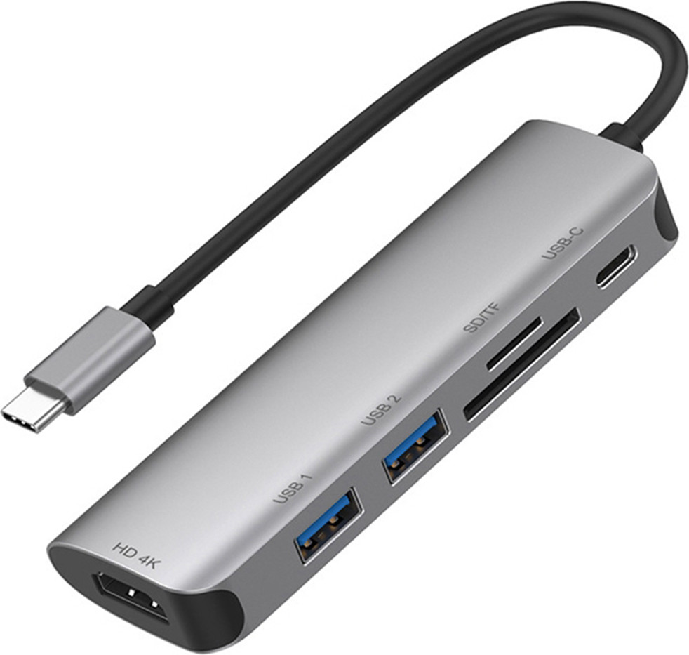 Eko 6-in-1 Hub met HDMI 4K, SD, Micro-SD, USB 3.0 en USB-C naar USB Type-C, grijs