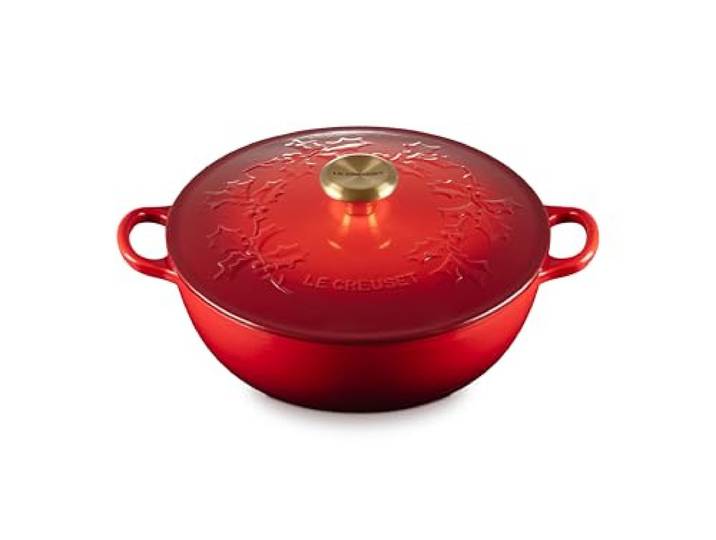 Le Creuset Suppentopf aus emailliertem Gusseisen, 4,5 l, Kirschrot mit goldfarbenem Knauf