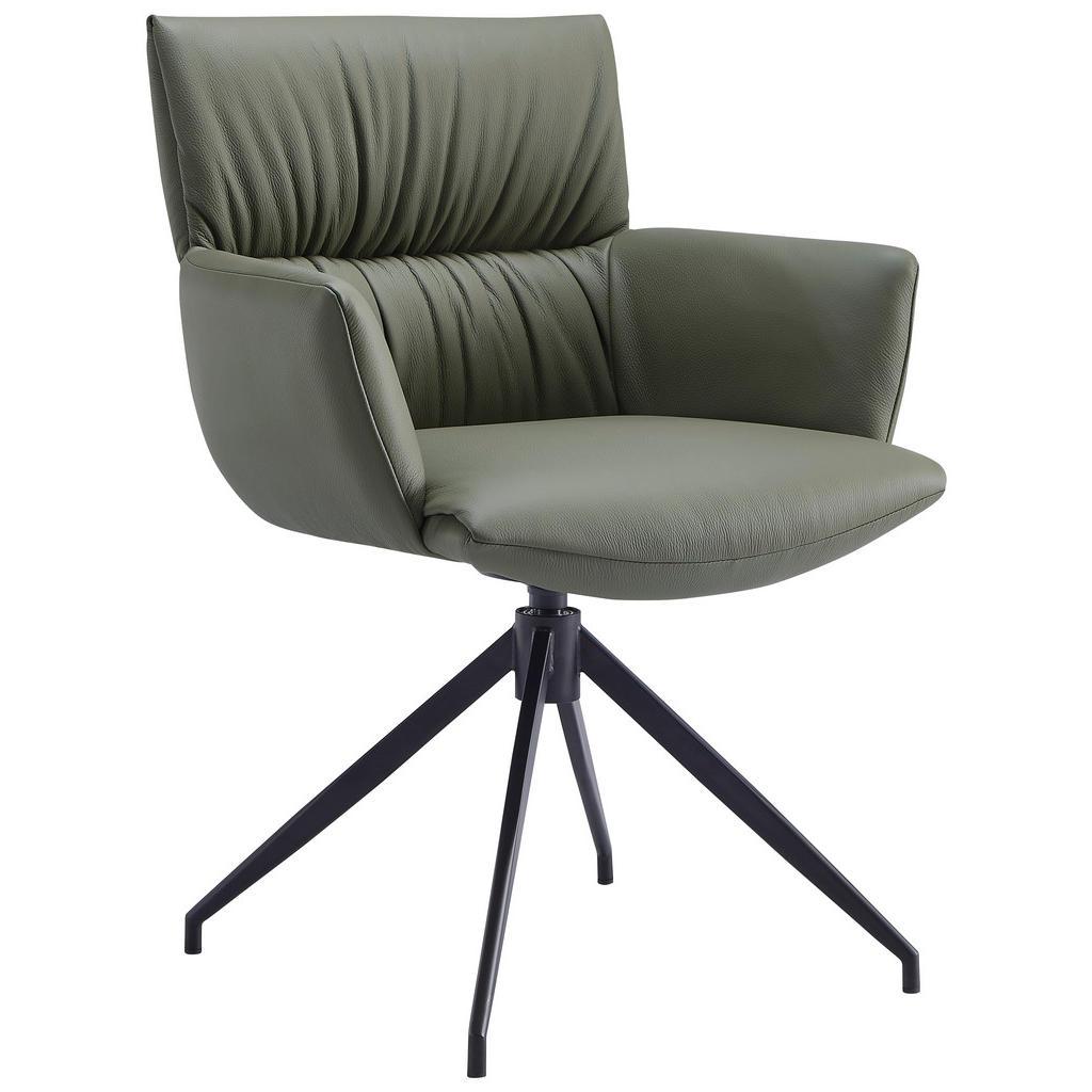 Dieter Knoll Armlehnstuhl, Olivgrün, Metall, Leder, Echtleder, Rindleder, Drehkreuz, 64x86x63 cm, Lederauswahl, Sitzfläche 360° drehbar, automatische Rückholfunktion, Esszimmer, Stühle, Esszimmerstühle, Armlehnenstühle