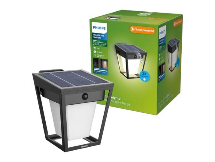 PHILIPS Nissa ultraeffiziente Solar-Wandleuchte für den Außenbereich mit Sensor, 3000K weißes Licht, 250/25lm, Schwarz