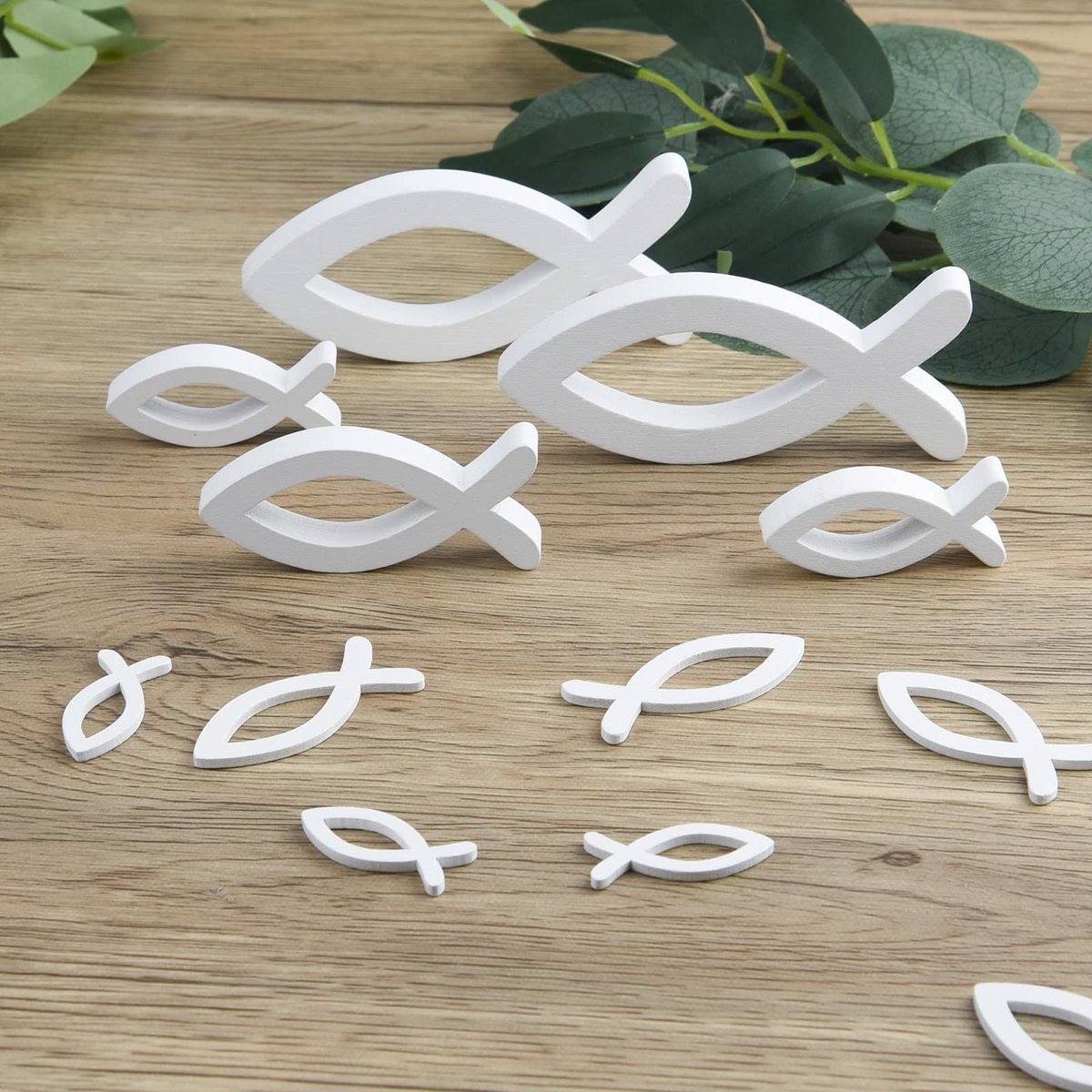 Cosensi Decoratieve Vissen Set - 6 Grote en 60 Kleine Houten Vissen - Wit - Tafeldecoratie