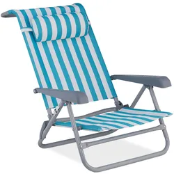 Relaxdays Liegestuhl klappbar, 8-stufig verstellbar, Strandstuhl mit Nackenkissen, Armlehnen & Flaschenöffner, blau/weiß