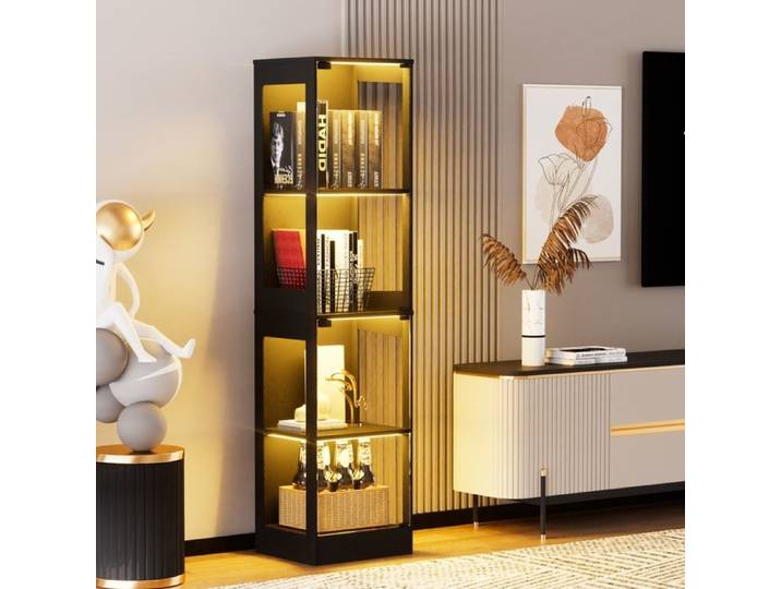 Vitrine en verre LED 3 couleurs avec capteur de mouvement 2 portes push-to-open 4 niveaux de rangement salon/chambre noir