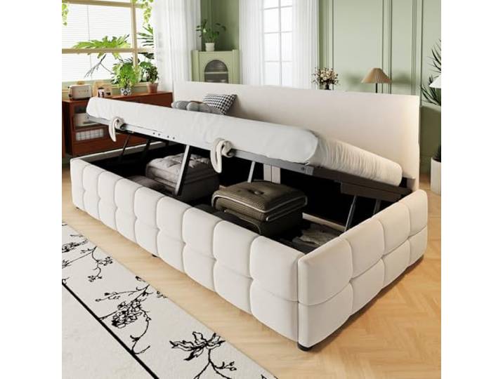 Merax Sofabett 90x200 cm, Einzelbett mit hydraulischem Stauraum, gepolsterte Rückenlehne ohne Armlehnen, multifunktionales Schlafsofa, Lattenrost, Samtstoff, Beige (ohne Matratze)