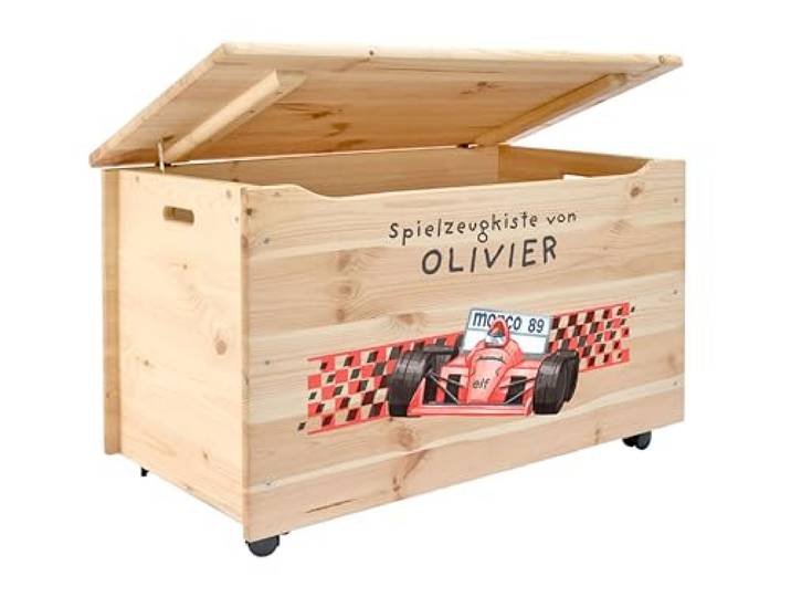 Pinus Spielzeugkiste personalisierbar 90x48x51 cm mit Deckel Rollen Kiefernholz, Wunschname personalisiert, große Aufbewahrung, für Spielzeug Decken Erinnerungen, Kinderzimmer Geschenk Geburt