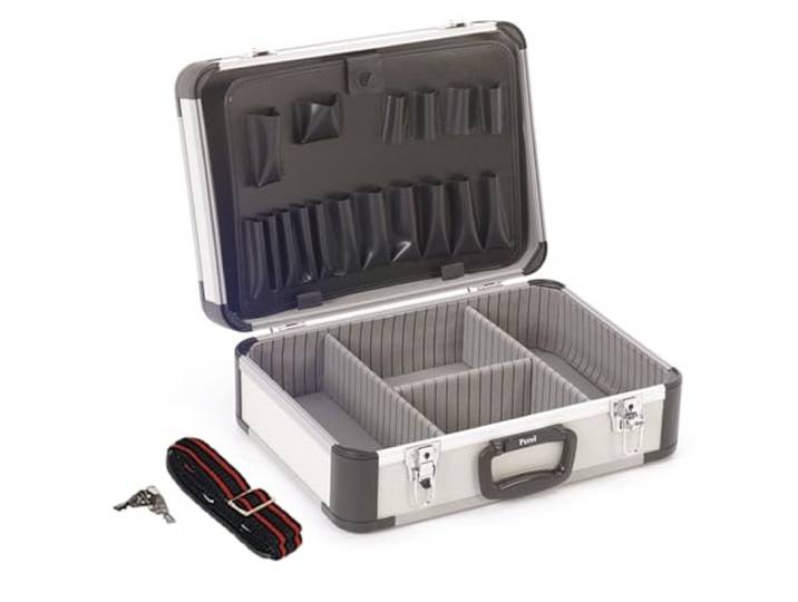 Perel Mallette à outils vide\, valise outils vide\, mallette de rangement\, valise transport\, compartiments individuels\, poches à outils\, verrouillable\, 2 clés incl.\, aluminium\, bandoulière\, gris\, 460 x