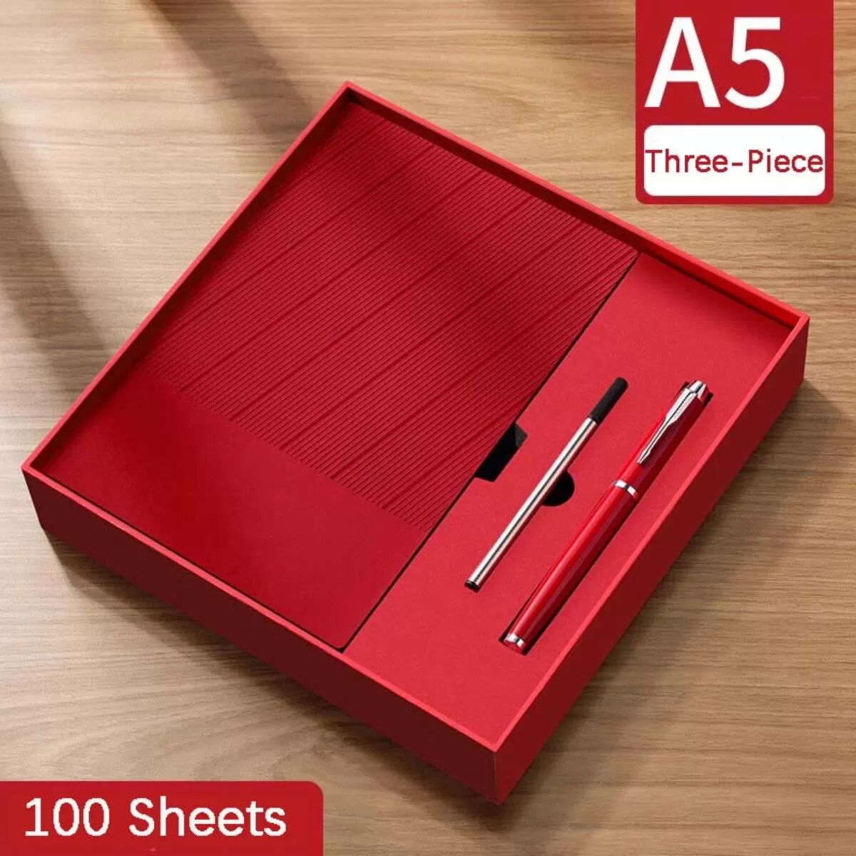INF Carnet A5 en similicuir - 360 pages, papier épais, avec stylo et recharge Rouge