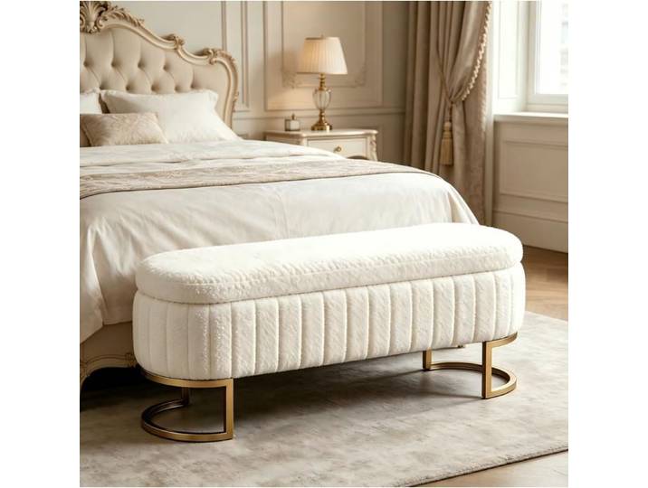 Bout de Lit Banc Coffre 130 cm avec Rangement Intérieur - LPOSPI - Pieds Métalliques Dorés Velours Crème