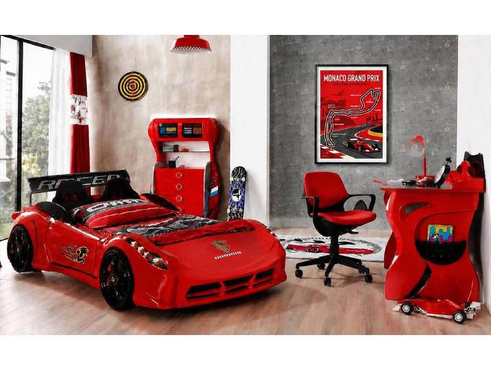 JVmoebel Autobett Autobett Kinderbett Rot Rennwagen Kommode Schreibtisch (3-tlg., 3-tlg. Set)