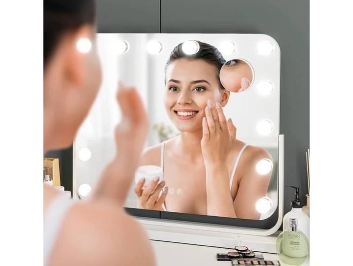 Miroir Maquillage Lumineux 60x50cm Hollywood Miroir LED Rotatif Miroir Coiffeuse éclairé avec Lumineux 3 Couleurs