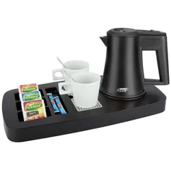 Willkommenstablett SENSE Schwarz mit Wasserkocher STAR 0,5 L Schwarz und 2 weiße Porzellantassen