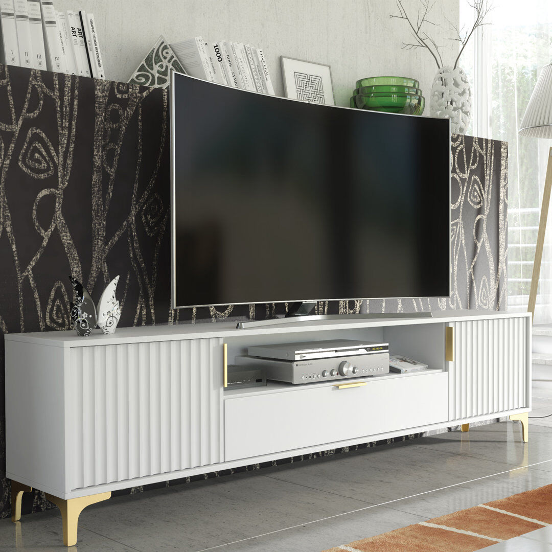 Fairmont Park Cashmire 200 CM TV Unit   Gold Accents   Fluted Fronts   Modern Retro Media Cabinet White 78"