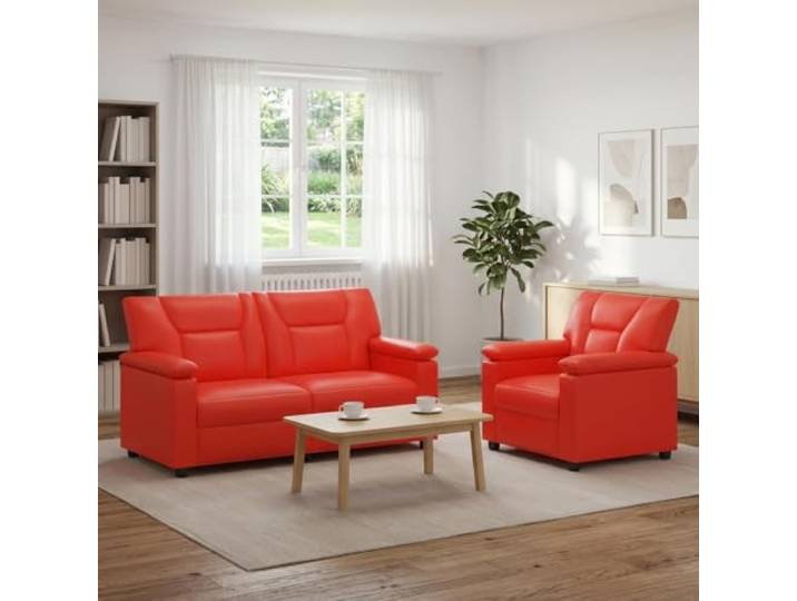 Sofa-Set 2 pcs Rot Kunstleder Metallrahmen, Faserfüllung, Sperrholz-Armlehnen, abnehmbare Bezüge, modernes Design