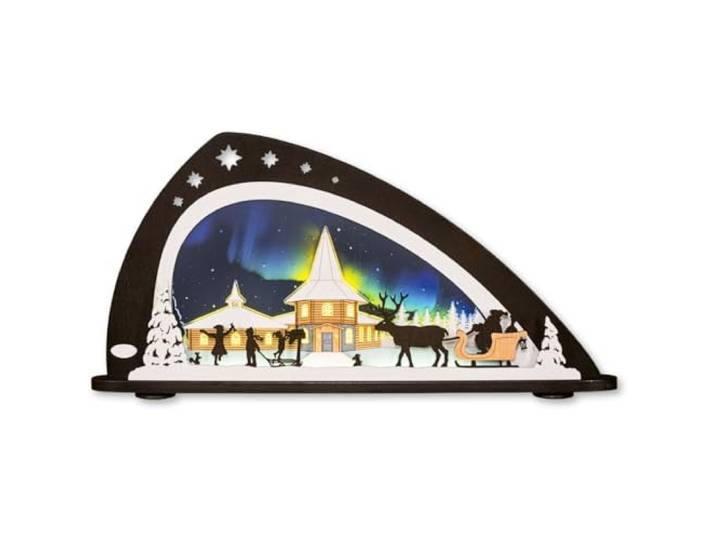 WEIGLA - Schwibbogen original Erzgebirge I Motiv Weihnachten unterm Polarlicht I LED Lichterbogen I Größe 66 x 33,8 x 6 cm I Inklusive Beleuchtung I beleuchtete Weihnachtsdeko innen I aus Holz