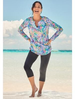 Plus Size Women's Split-Neck Long Sleeve Swim Tee with Built-In Bra by Swim 365 in Rainbow Tie Dye Palm (Size 34)