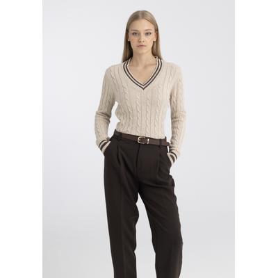 V-Ausschnitt-Pullover FELIX HARDY "V-Ausschnitt-Pullover", Damen, Gr. M, beige, 100% Baumwolle, V-Ausschnitt, Pullover