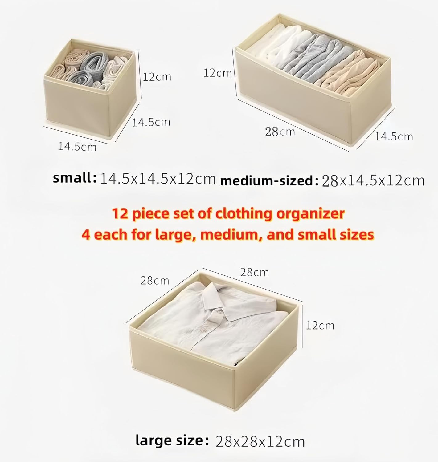 Set van 12 beige vouwbare opbergdozen voor kleding, ondergoed en accessoires