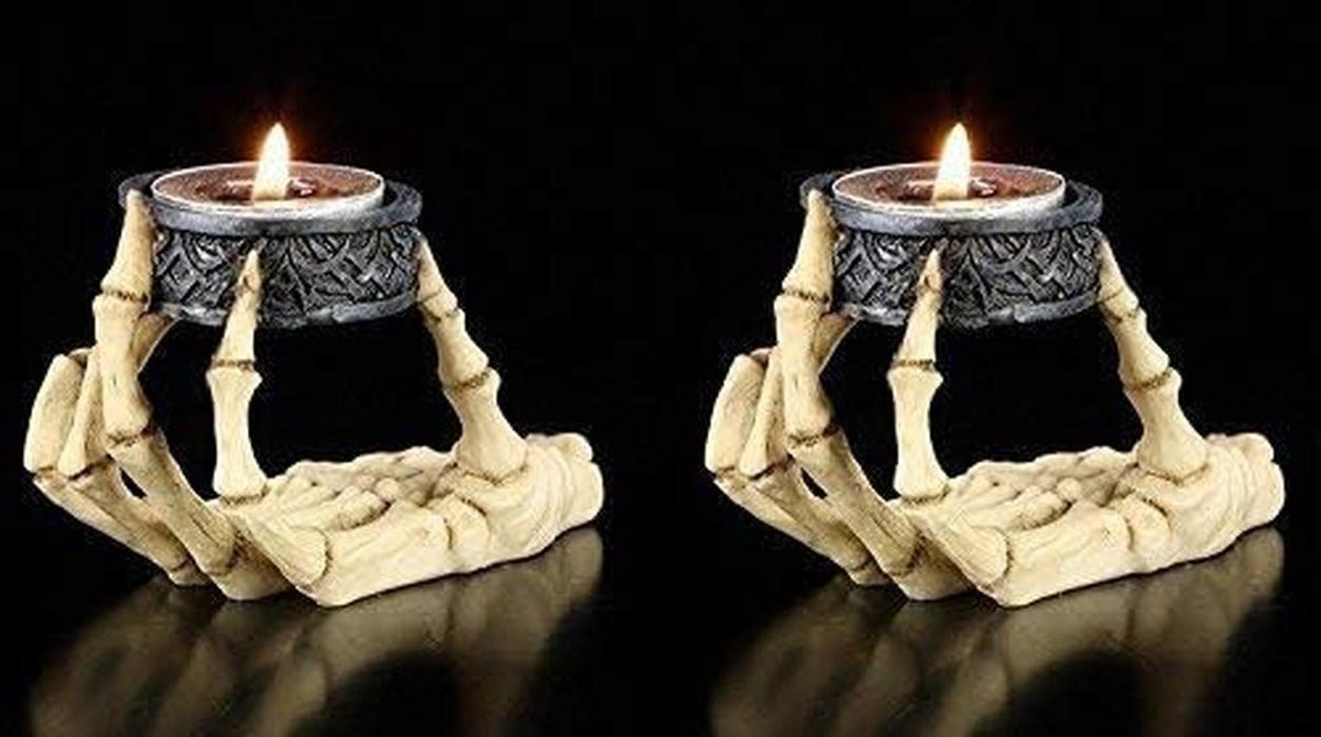 Set van 2 Skelethand Theelichthouders - Doodskop & Gothic Kandelaar Decoratie