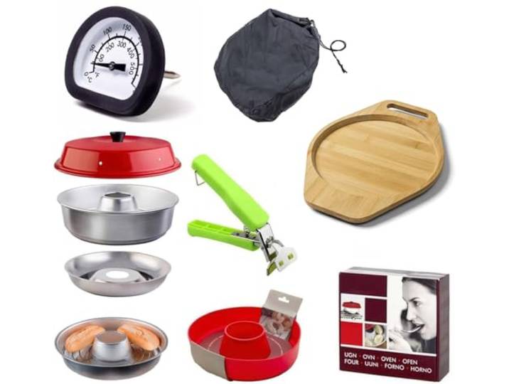 Spar-Set Camping Backofen 9-teilig - Camping Backofen (dreiteilig) + Silikonform + Aufbackgitter + Backofenthermometer + Untersetzer + Tasche + Sun and Ice Haltegriff passend für Omnia