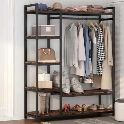 1Easylife Industrial Clothing rack with shelves, 5-Tier Heavy Duty Garment Rack Closet Organizer System with Hanging Rod
