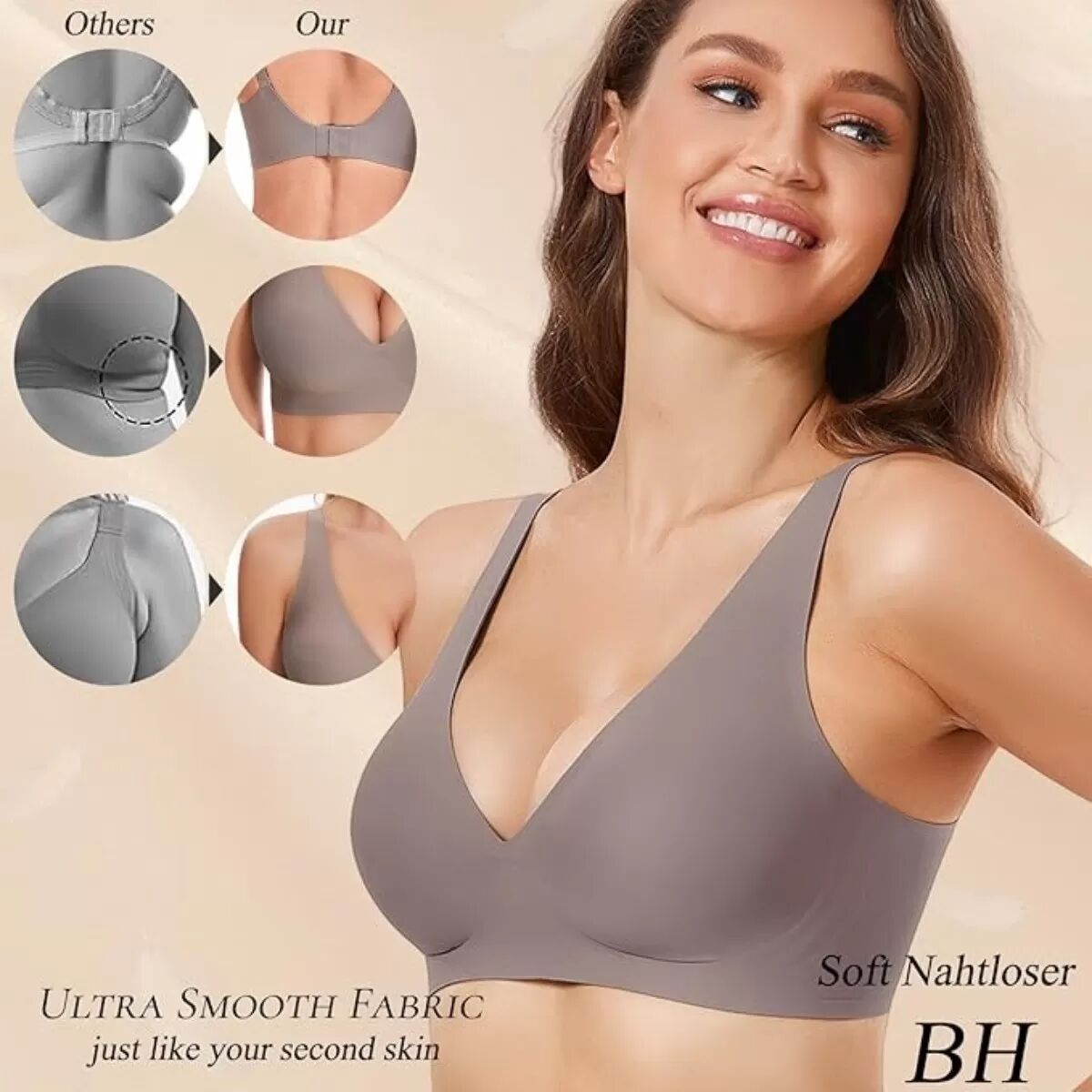 INF Nahtloser kabelloser BH für Damen – Starker Halt & bequemes V-Ausschnitt-Design Grau