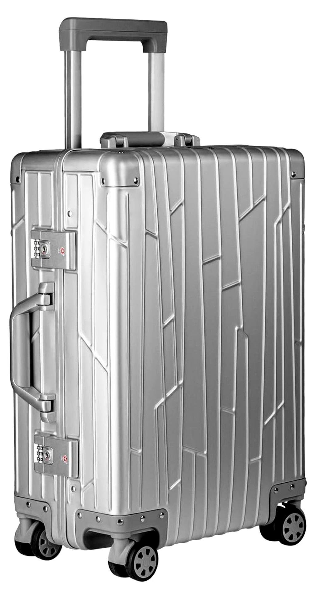 Aluminium Handgepäck Koffer Cabin Trolley 55x40x20 cm H/B/T 32L 4x360° Rollen Silber 2X TSA-Zahlenschloss