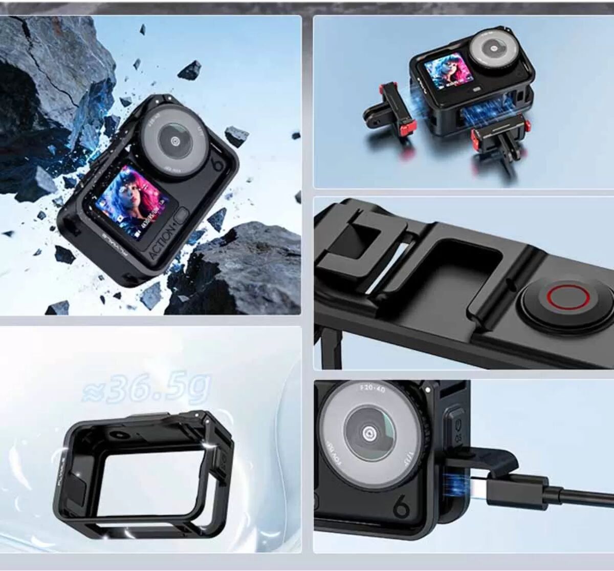 INF Cadre de protection pour Action Camera compatible avec DJI Osmo Action 6 - ABS léger, expansion multi-interface, montage