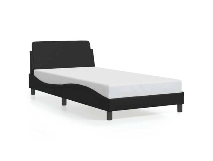 PUGYNBK Bettgestell aus Kunstleder, Schwarz, 100 x 190 cm Kopfteil inklusive, Holzleisten, robuste Beine, leicht zu reinigen, Wellendesign