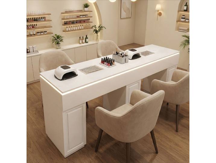 Table de manucure sur mesure pour salon de beauté, double, de luxe, en bois, avec collecteur de poussière