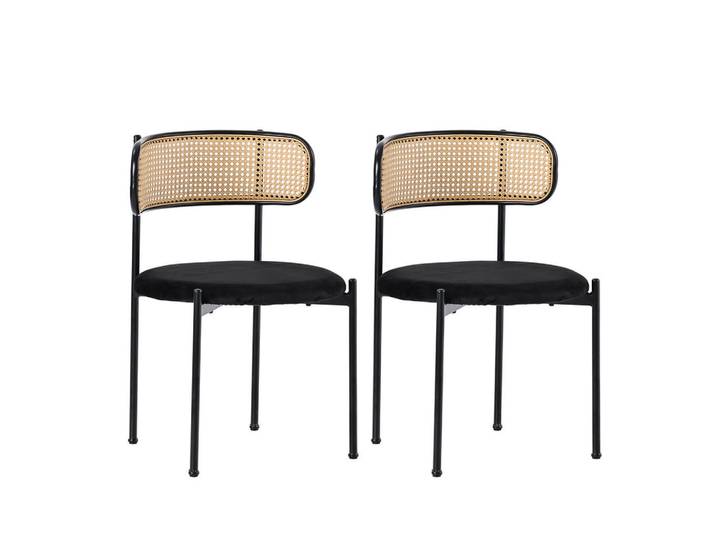 Flieks Esszimmerstuhl 2er Set Samt Schwarz Metallbeine Rattan, 51x75x50 cm, Esszimmer, Stühle