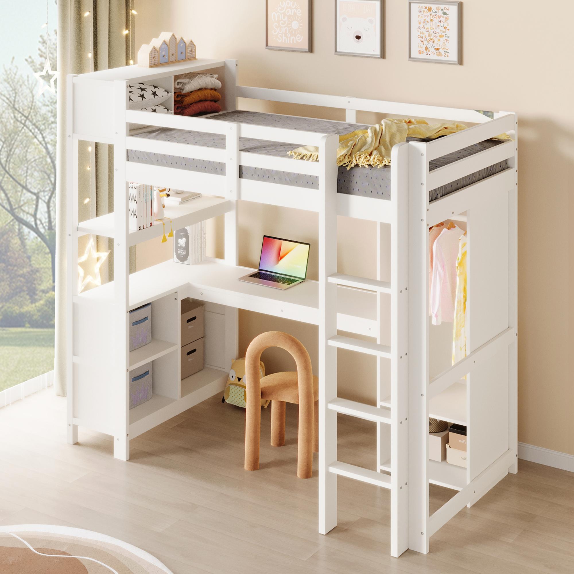 Flieks Etagenbett 90x200cm mit Schreibtisch und Regal, Kinderbett Hochbett mit Kleiderschrank, Einzelbett Stockbett, Weiß