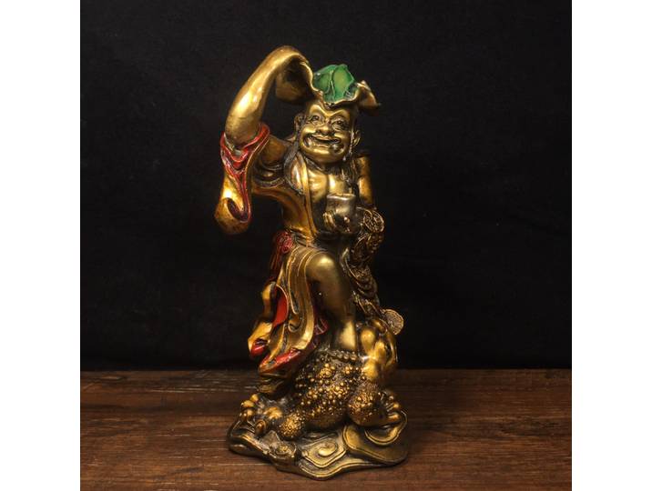 Collection folklorique du Tibet, 8 pouces, en bronze ancien peint, représentant une grenouille dorée dans une histoire d'amour, porte-bonheur, ornement pour la maison et contre le mal.