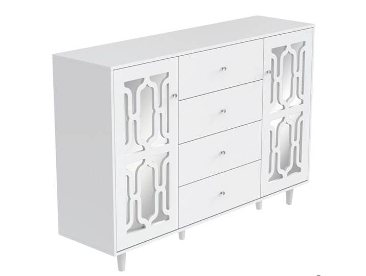 Buffet haut blanc à surface miroir – 2 portes 4 tiroirs – 147 5 x 40 x 102 cm