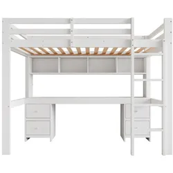 MODFU Hochbett Kiefernholz Weiß 90x200 cm mit Schreibtisch, 4 Schubladen und 4 Ablagefächern