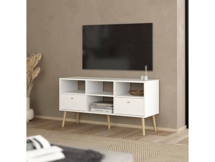 Dmora - Fernsehschrank Jolie, Ständer für Wohnzimmerfernseher, Niedriges Wohnzimmer-Sideboard, TV-Ständerbasis, 117x39 h61 cm, Weiß