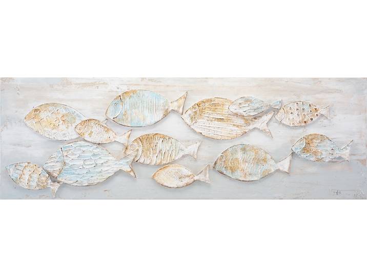 Ölgemälde BÖNNINGHOFF handarbeit FISCHE 40x120 cm – Wandbild Kunst Deko modern , farbe bild(er): braun,weiß, grau, gold, B:120cm H:40cm T:2cm, Acrylfarbe, Canvas, Holz, Bilder, Ölgemälde, handgefertigt, jedes Bild ein Unikat