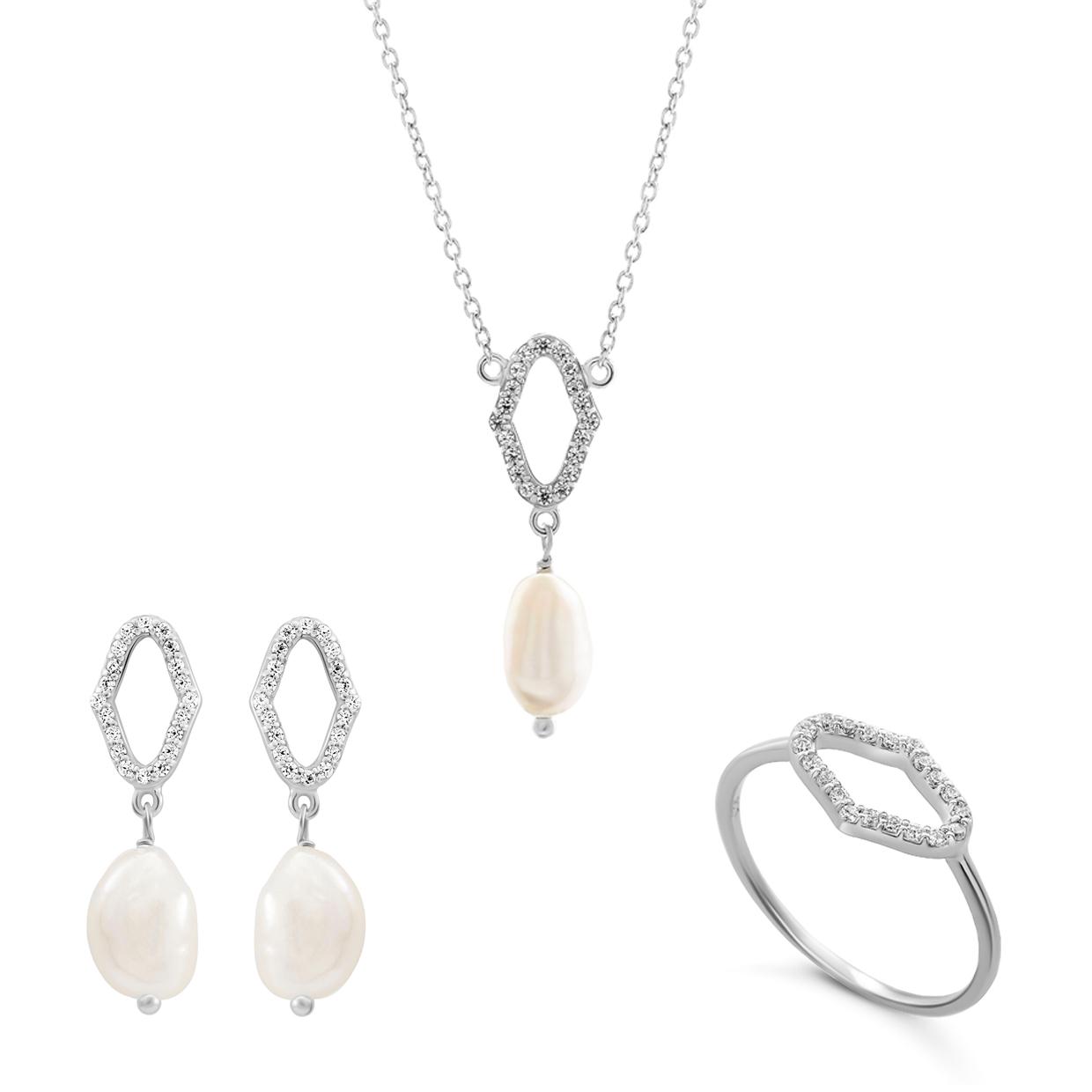 Orphelia 'Normandië' Dames 925 Sterling Zilveren Set: Ketting + Oorbellen + Ring - Zilver SET-7574
